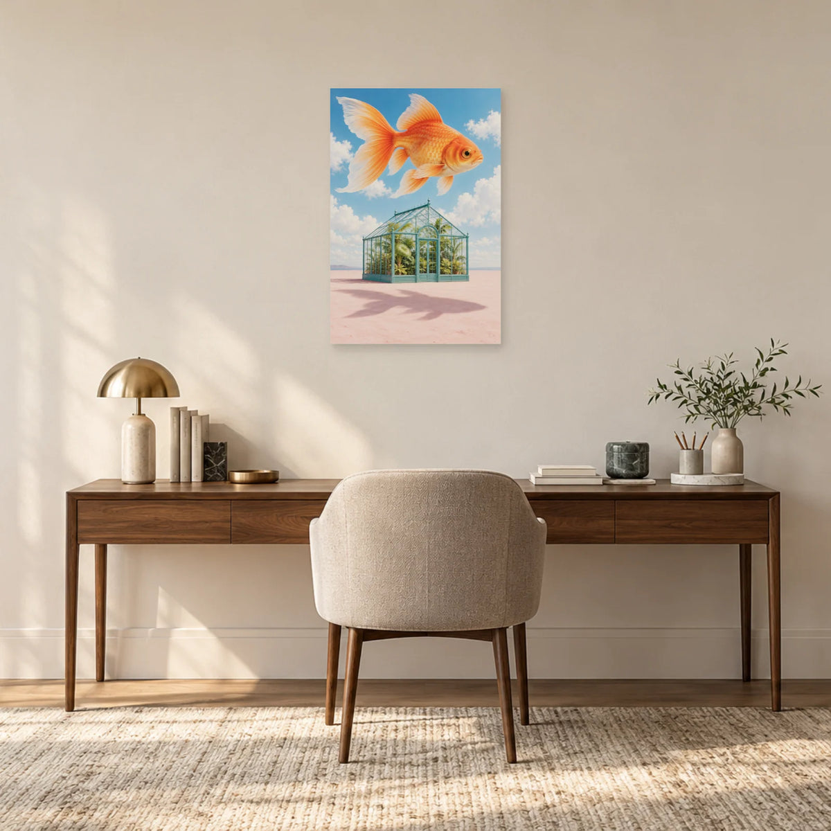 Affiche surréaliste poisson au-dessus de la serre dans un bureau - Art Virtuoso