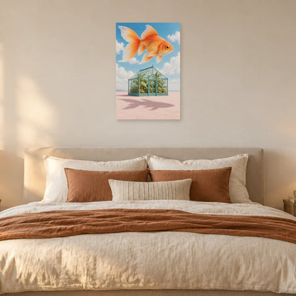 Affiche surréaliste poisson au-dessus de la serre dans une chambre - Art Virtuoso