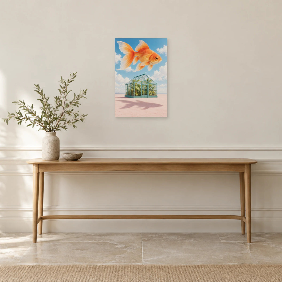 Affiche surréaliste poisson au-dessus de la serre dans une entrée ou un couloir - Art Virtuoso