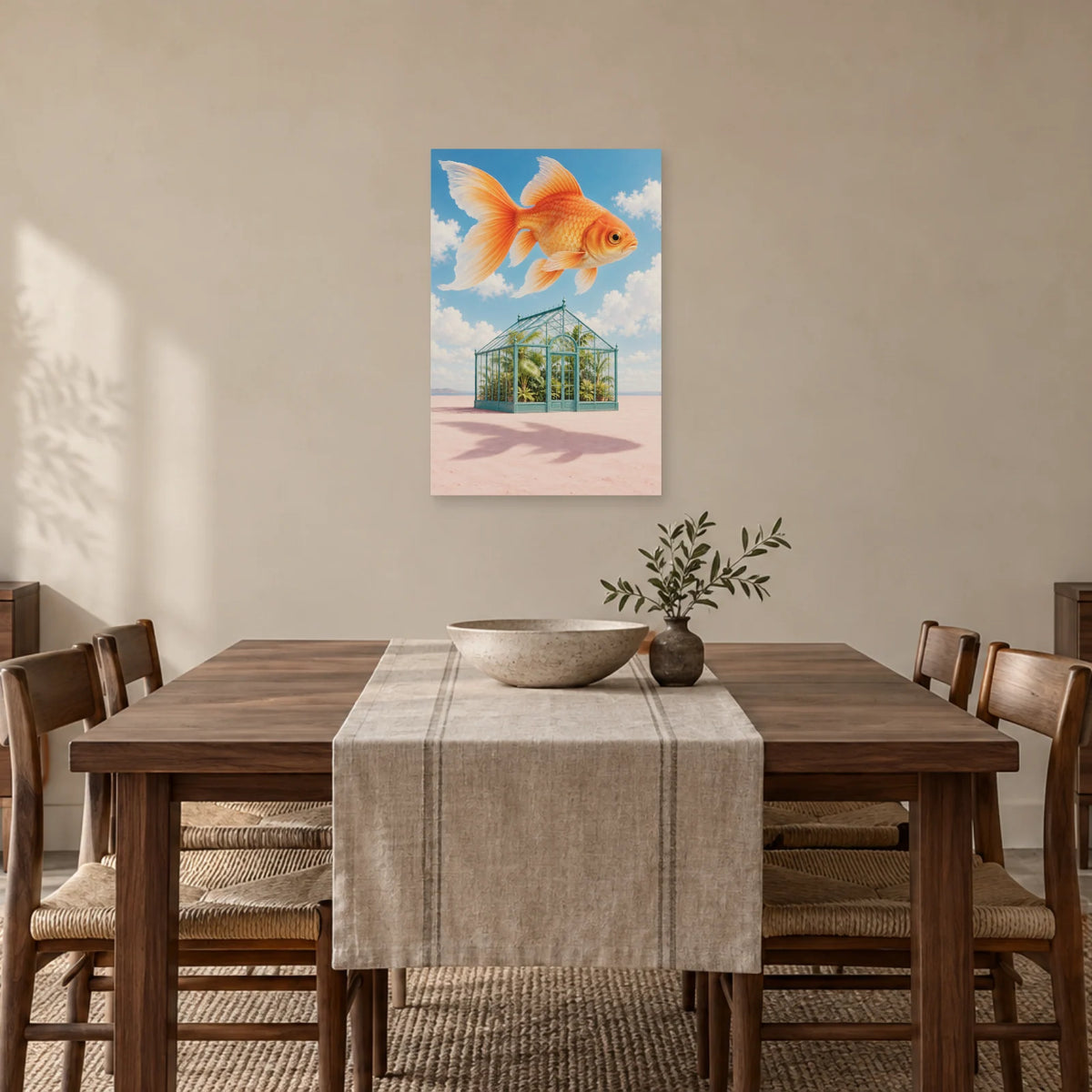 Affiche surréaliste poisson au-dessus de la serre dans une salle à manger - Art Virtuoso
