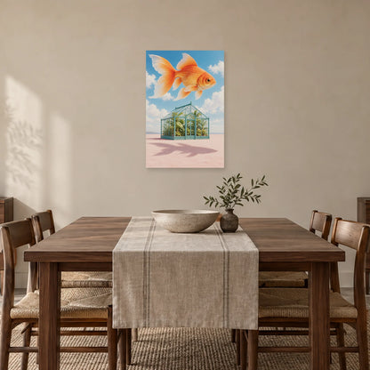 Affiche surréaliste poisson au-dessus de la serre dans une salle à manger - Art Virtuoso