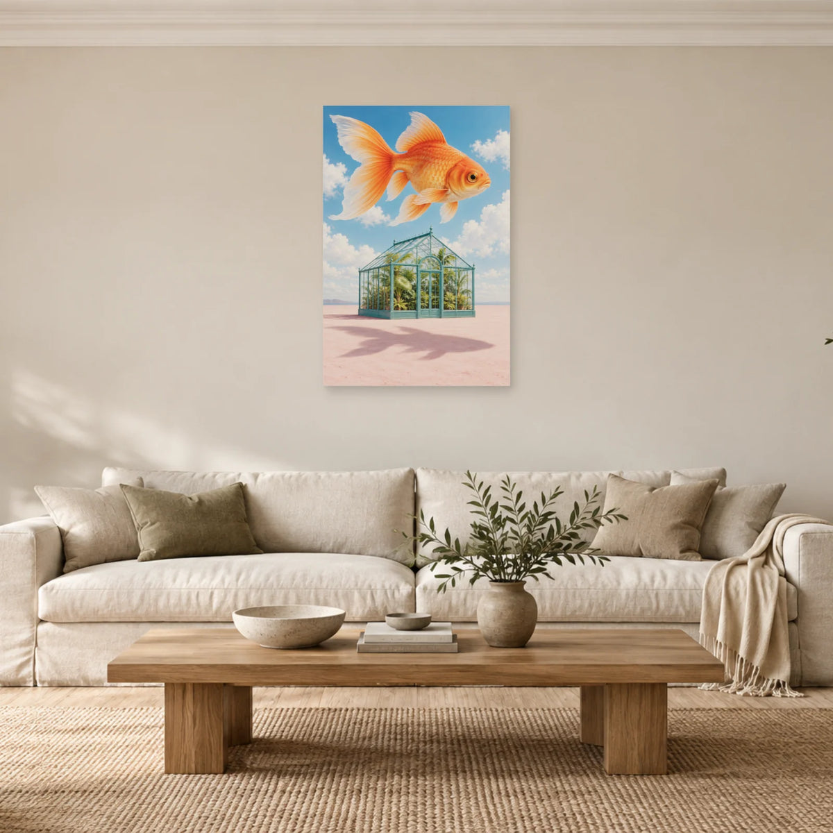 Affiche surréaliste poisson au-dessus de la serre dans un salon - Art Virtuoso