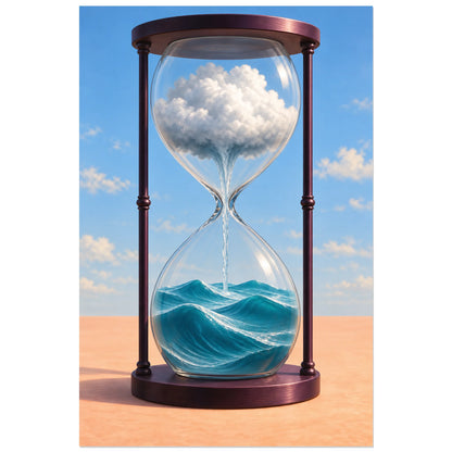 Affiche surréaliste sablier des marées, réalisme photographique / composition surréaliste / création numérique verticale, format 60 × 90 cm