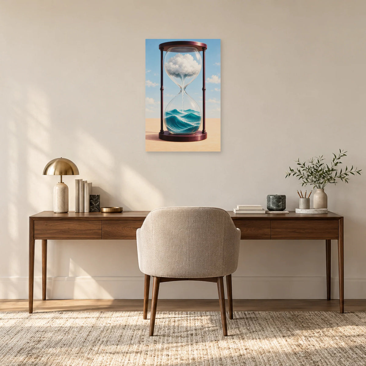Affiche surréaliste sablier des marées dans un bureau - Art Virtuoso