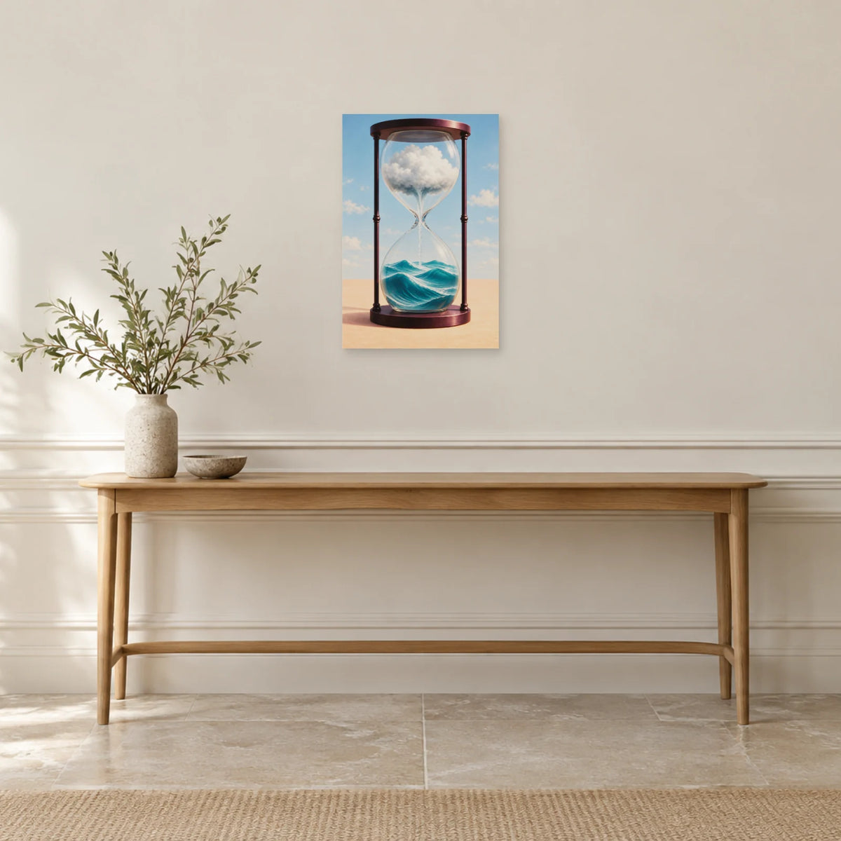 Affiche surréaliste sablier des marées dans une entrée ou un couloir - Art Virtuoso