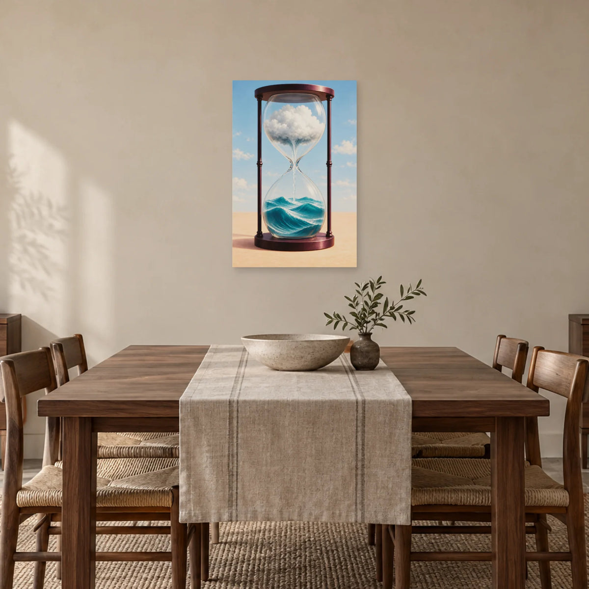 Affiche surréaliste sablier des marées dans une salle à manger - Art Virtuoso