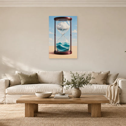 Affiche surréaliste sablier des marées dans un salon - Art Virtuoso