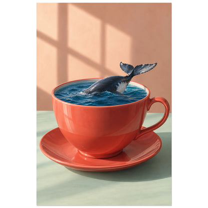 Affiche surréaliste tasse et baleine miniature, réalisme photographique / composition surréaliste / création numérique verticale, format 30 × 45 cm