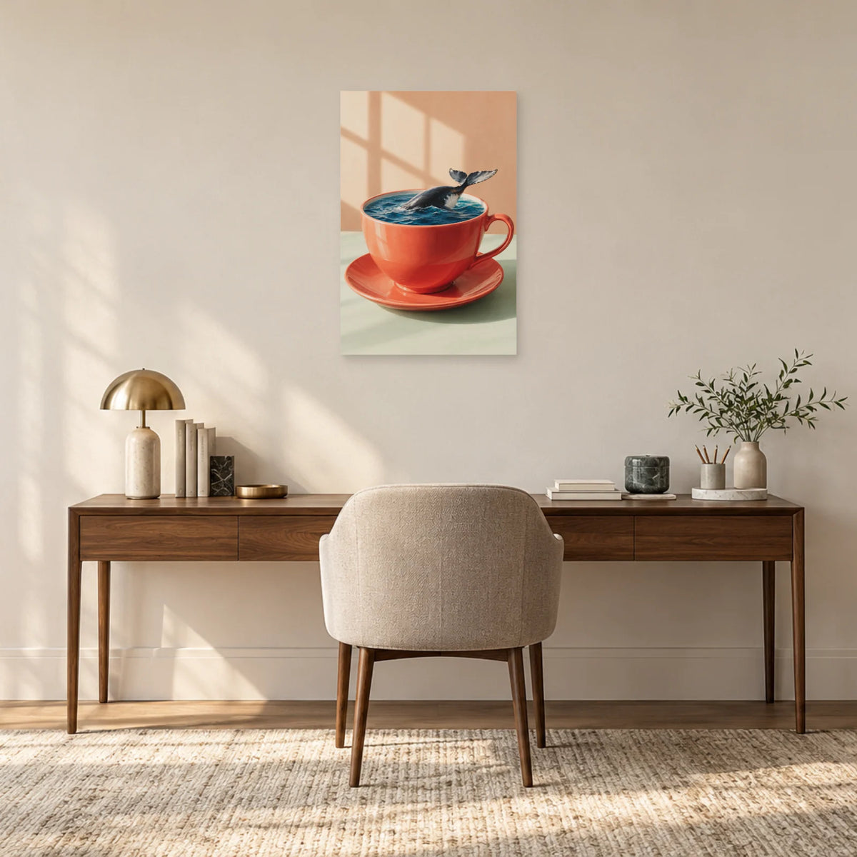 Affiche surréaliste tasse et baleine miniature dans un bureau - Art Virtuoso