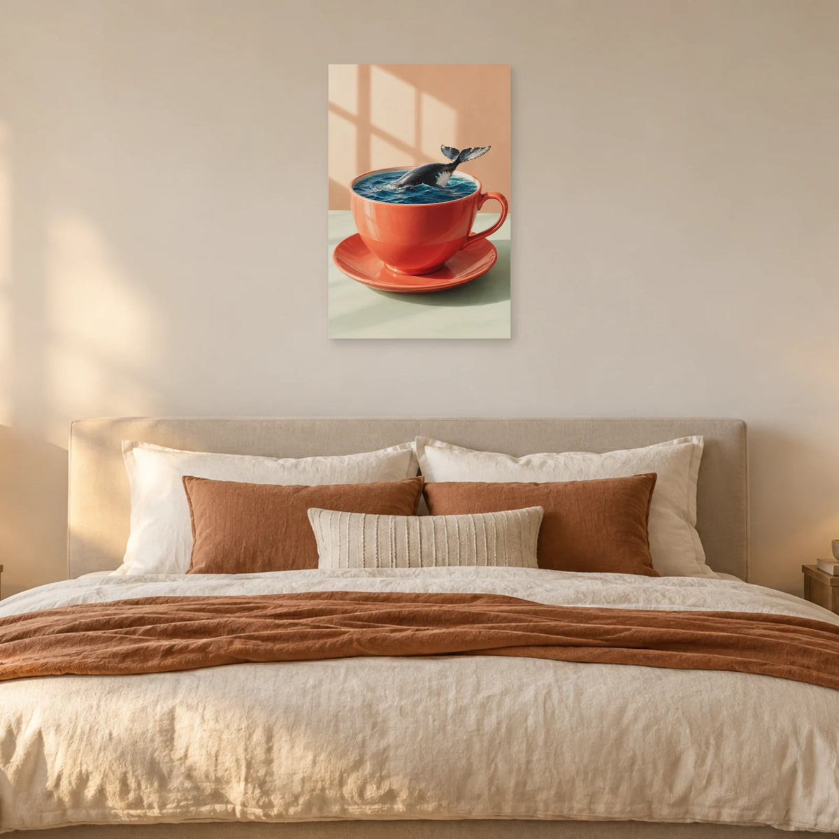 Affiche surréaliste tasse et baleine miniature dans une chambre - Art Virtuoso