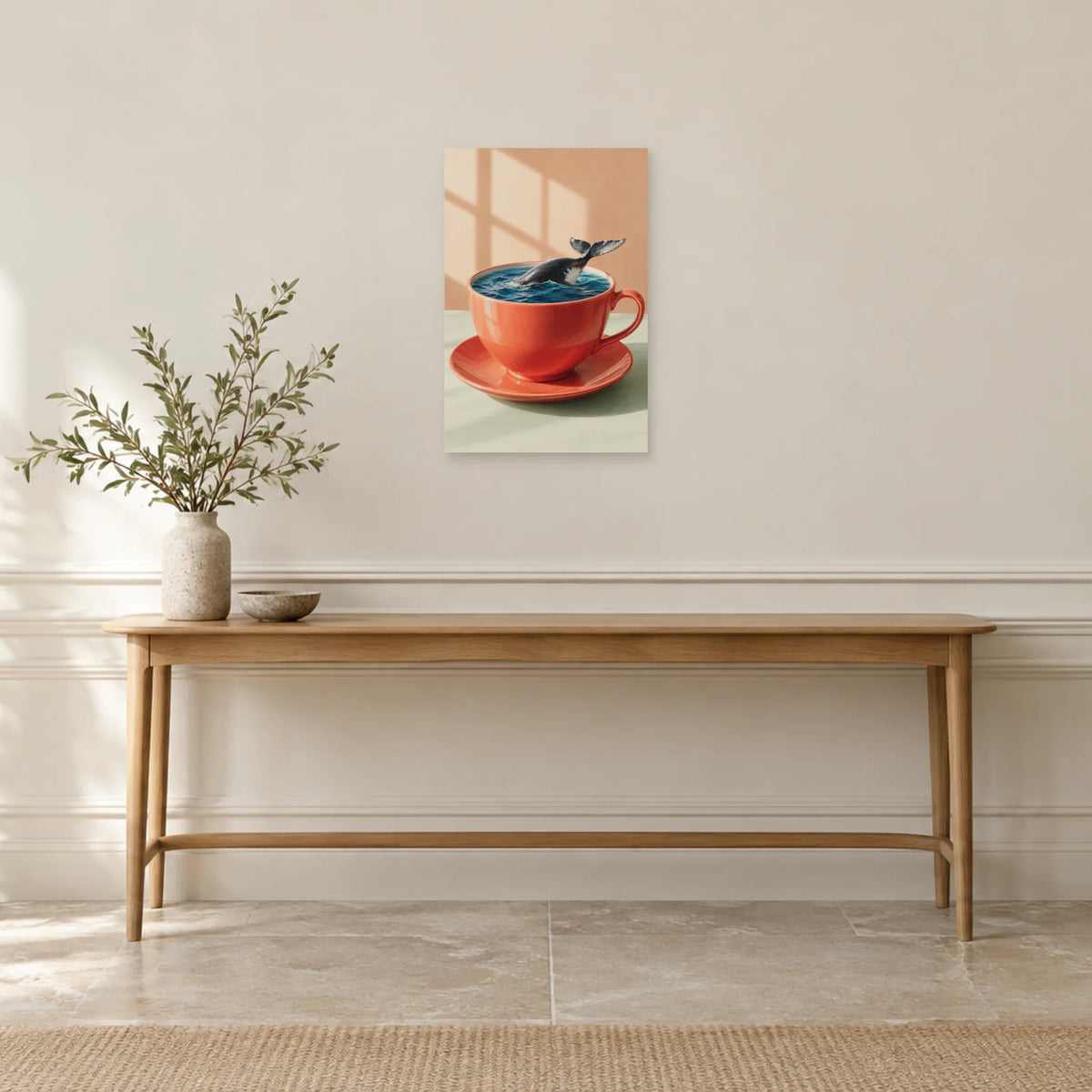 Affiche surréaliste tasse et baleine miniature dans une entrée ou un couloir - Art Virtuoso