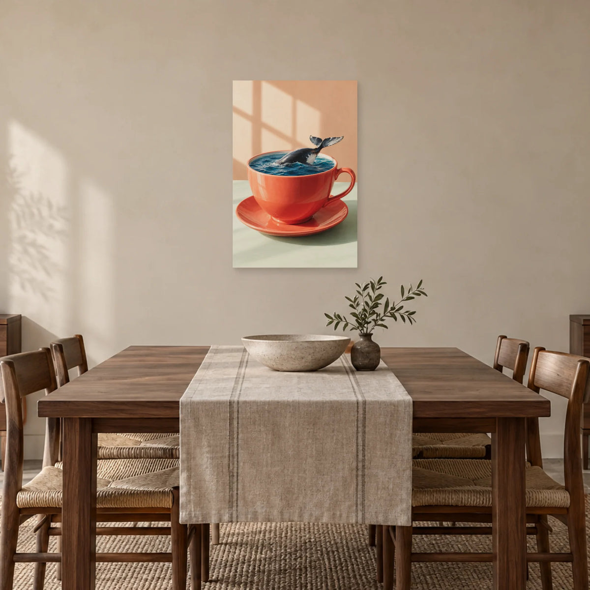 Affiche surréaliste tasse et baleine miniature dans une salle à manger - Art Virtuoso