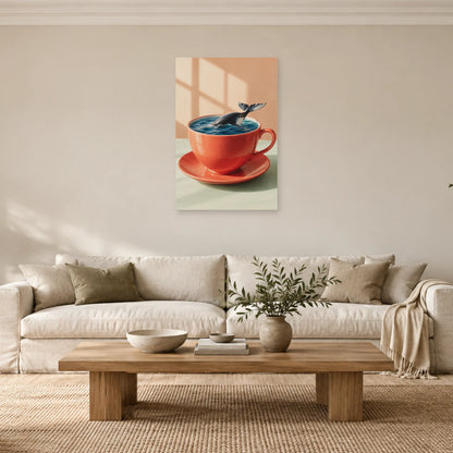 Affiche surréaliste tasse et baleine miniature dans un salon - Art Virtuoso