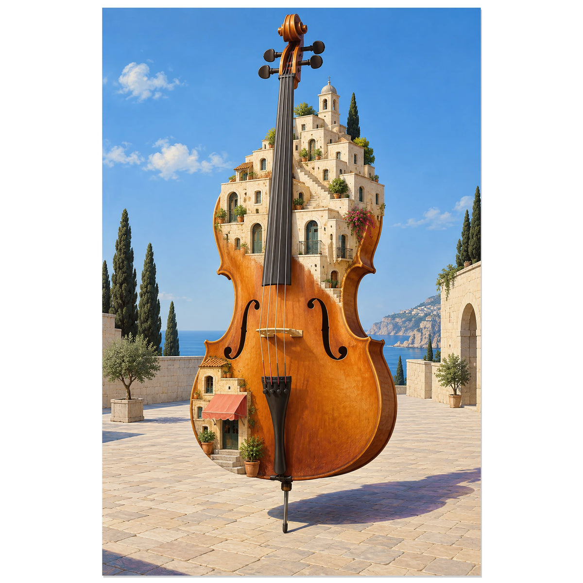 Affiche surréaliste violoncelle devenu ville, réalisme photographique / composition surréaliste / création numérique verticale, format 30 × 45 cm