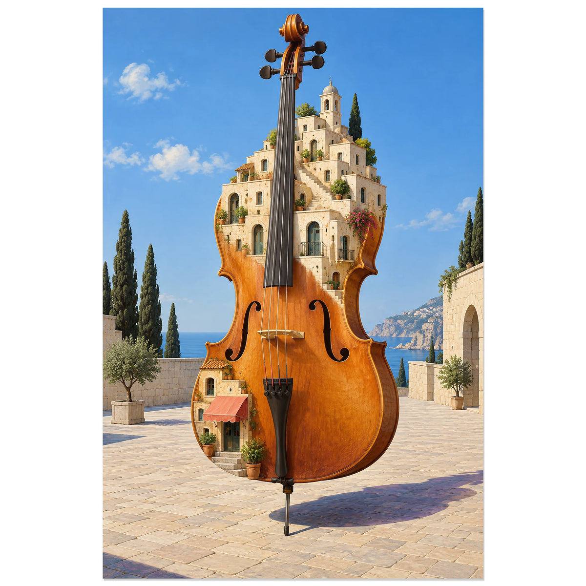 Affiche surréaliste violoncelle devenu ville, réalisme photographique / composition surréaliste / création numérique verticale, format 40 × 60 cm