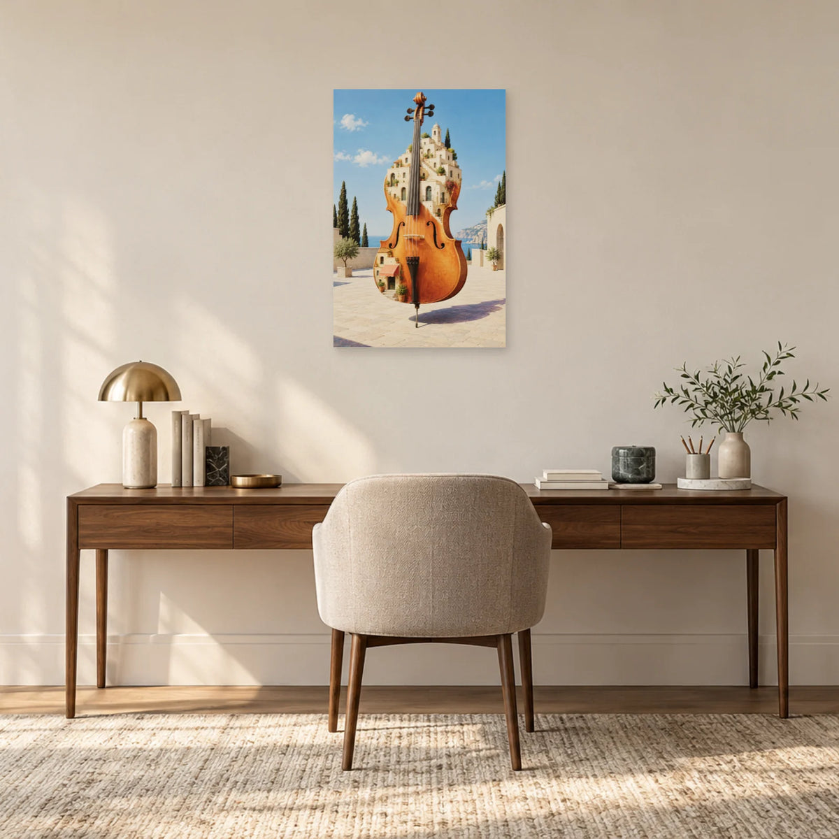 Affiche surréaliste violoncelle devenu ville dans un bureau - Art Virtuoso