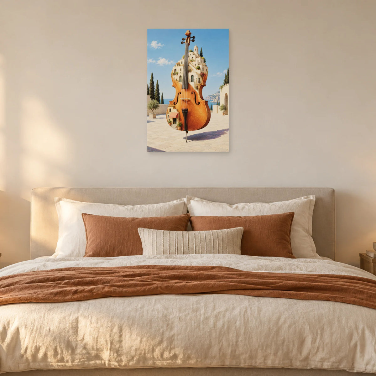 Affiche surréaliste violoncelle devenu ville dans une chambre - Art Virtuoso