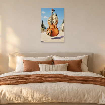 Affiche surréaliste violoncelle devenu ville dans une chambre - Art Virtuoso