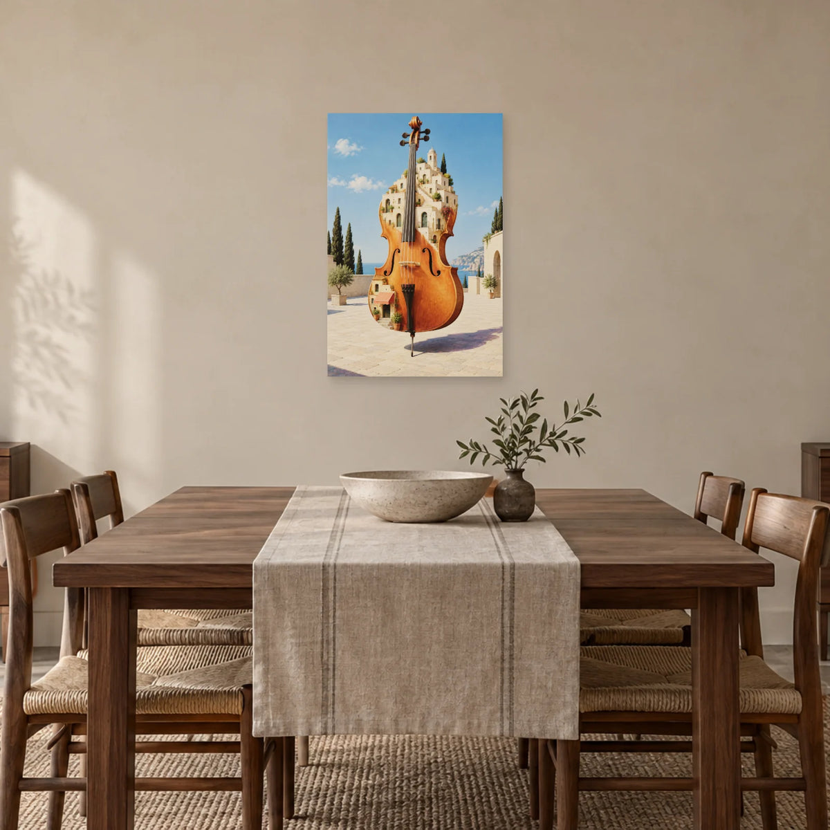 Affiche surréaliste violoncelle devenu ville dans une salle à manger - Art Virtuoso