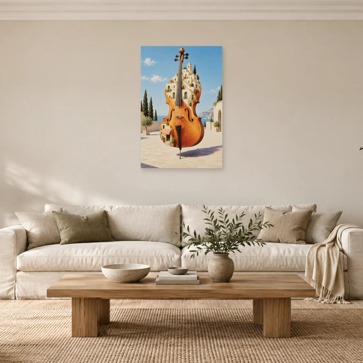 Affiche surréaliste violoncelle devenu ville dans un salon - Art Virtuoso