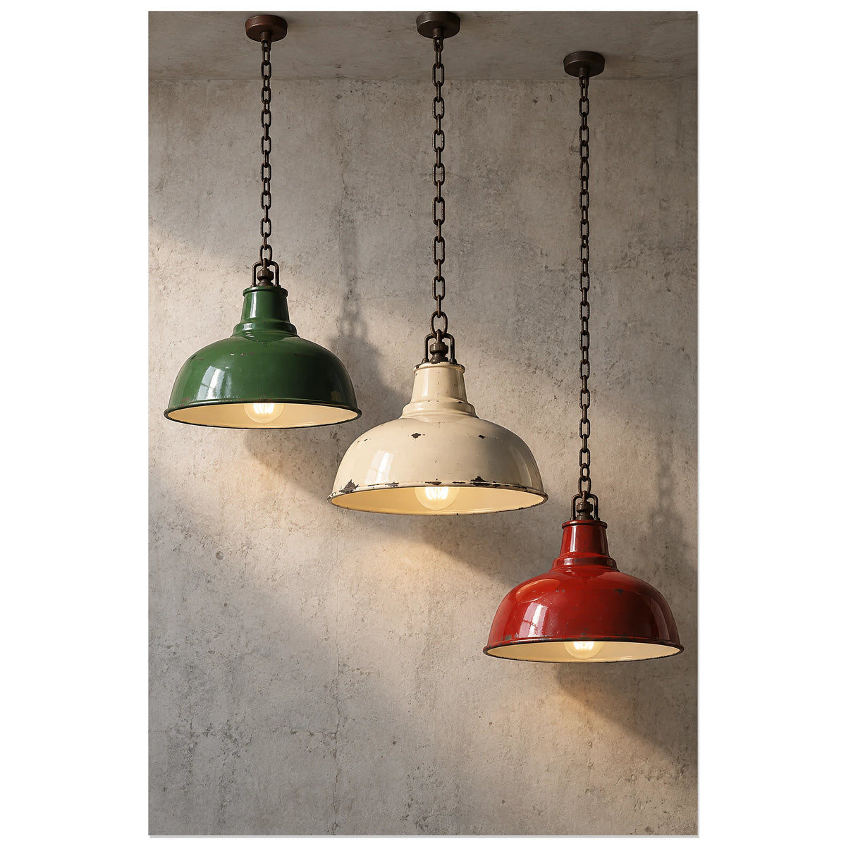 Trois lampes d'atelier à abat-jour colorés, affiche 30 × 45 cm