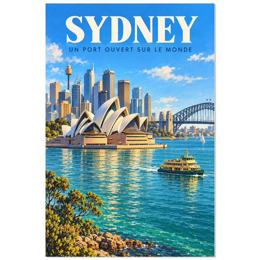 Affiche Sydney – Un port ouvert sur le monde, illustration architecturale / affiche de voyage / rendu peint verticale, format 30 × 45 cm