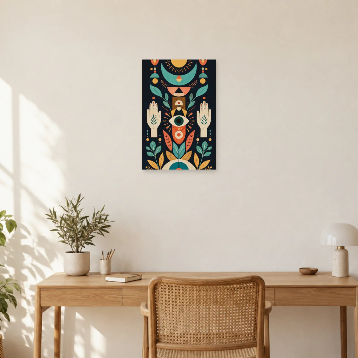 Affiche Symboles bohèmes – Soleil et lune dans un bureau - Art Virtuoso