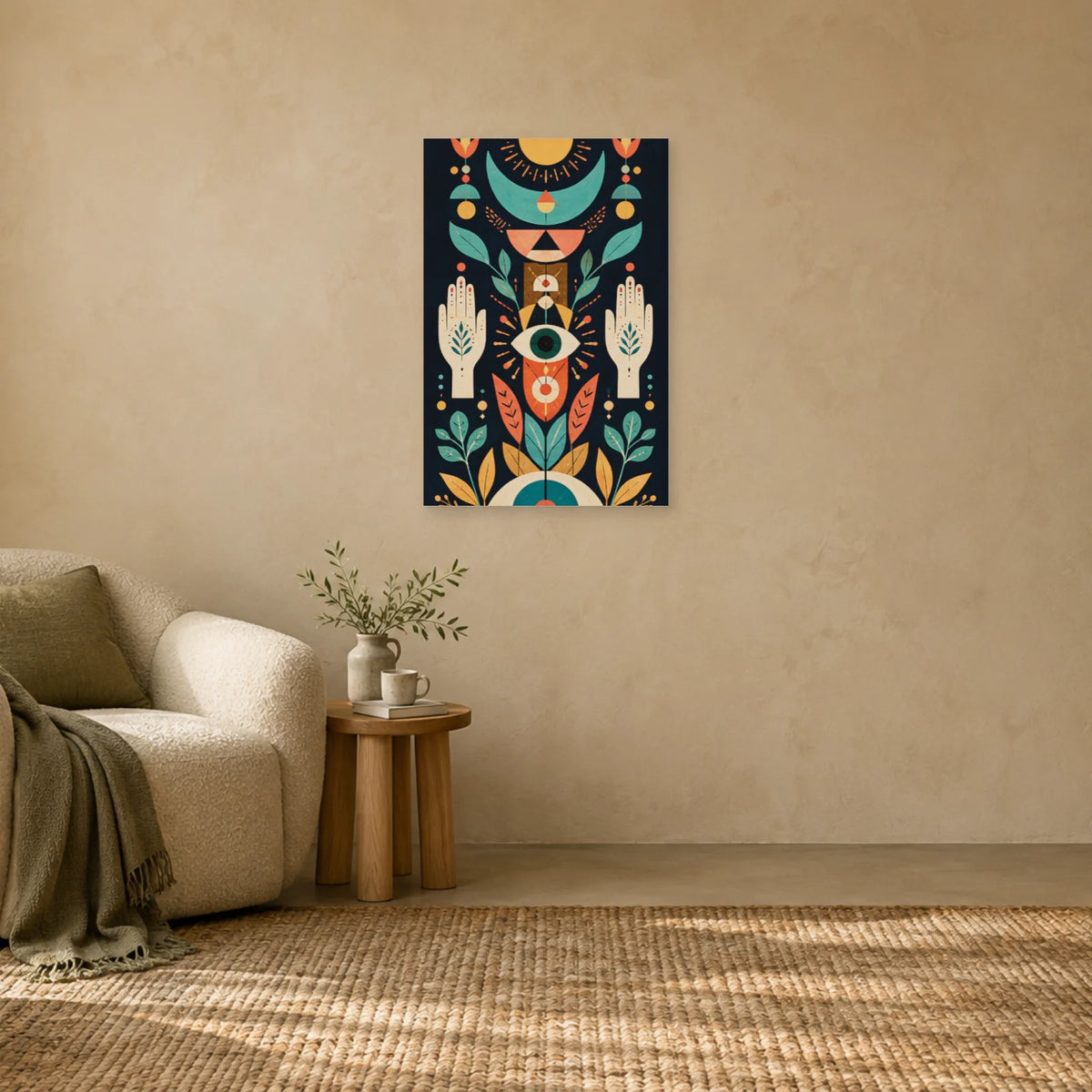 Affiche Symboles bohèmes – Soleil et lune dans un salon - Art Virtuoso