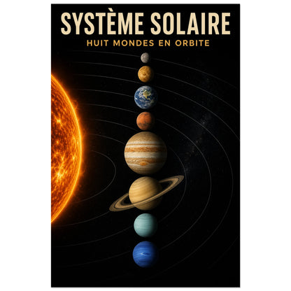 Affiche Système solaire – Huit mondes en orbite, infographie astronomique réaliste pour adulte verticale, format 60 × 90 cm