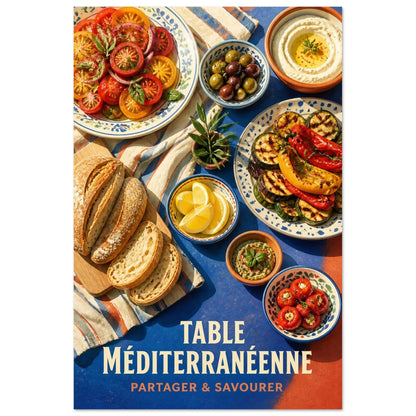 Affiche Table Méditerranéenne – Partager & Savourer, gouache contemporaine verticale, format 60 × 90 cm