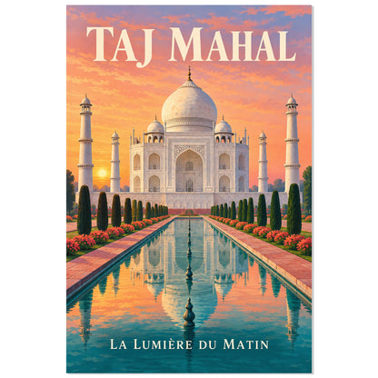 Affiche Taj Mahal - Jardin à l’aube, illustration de voyage / rendu gouache / inspiration vintage verticale, format 30 × 45 cm