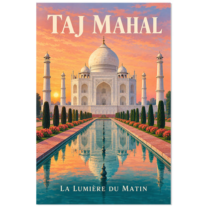 Affiche Taj Mahal - Jardin à l’aube, illustration de voyage / rendu gouache / inspiration vintage verticale, format 40 × 60 cm