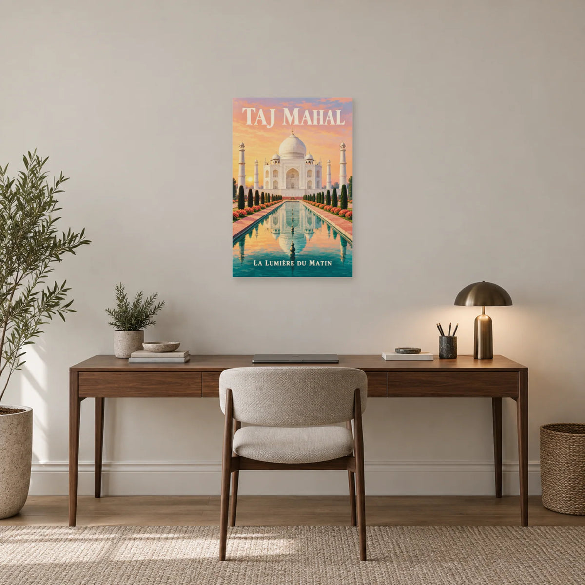 Affiche Taj Mahal - Jardin à l’aube dans un bureau - Art Virtuoso