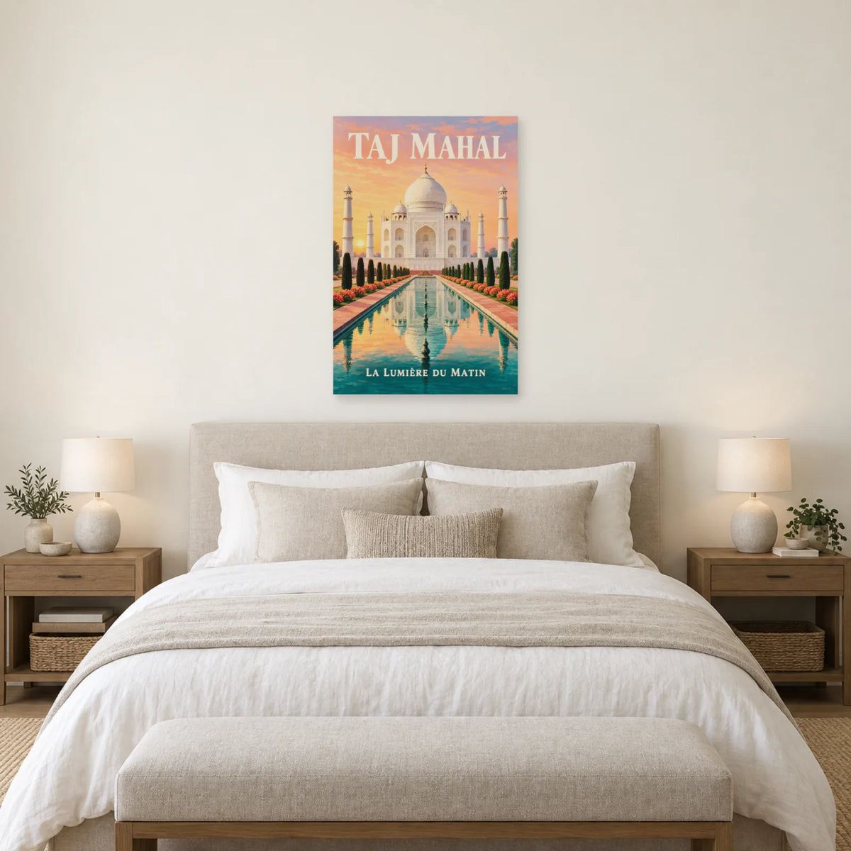 Affiche Taj Mahal - Jardin à l’aube dans une chambre - Art Virtuoso
