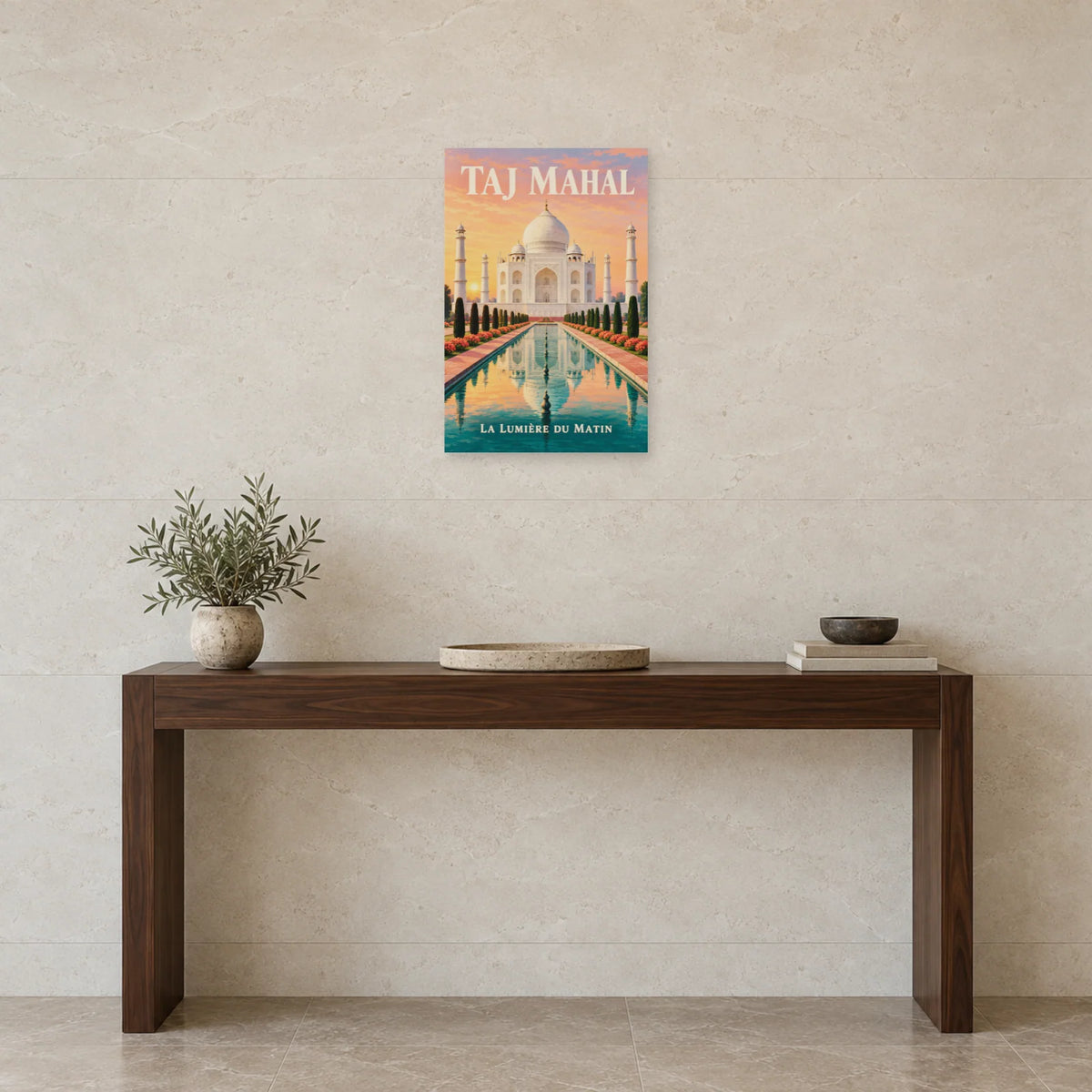 Affiche Taj Mahal - Jardin à l’aube dans une entrée ou un couloir - Art Virtuoso