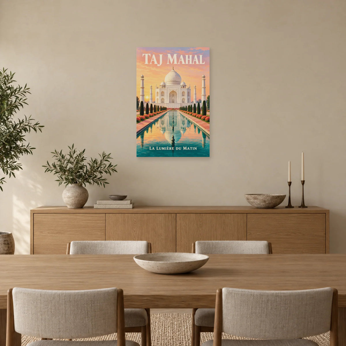 Affiche Taj Mahal - Jardin à l’aube dans une salle à manger - Art Virtuoso