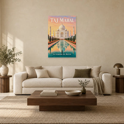 Affiche Taj Mahal - Jardin à l’aube dans un salon - Art Virtuoso