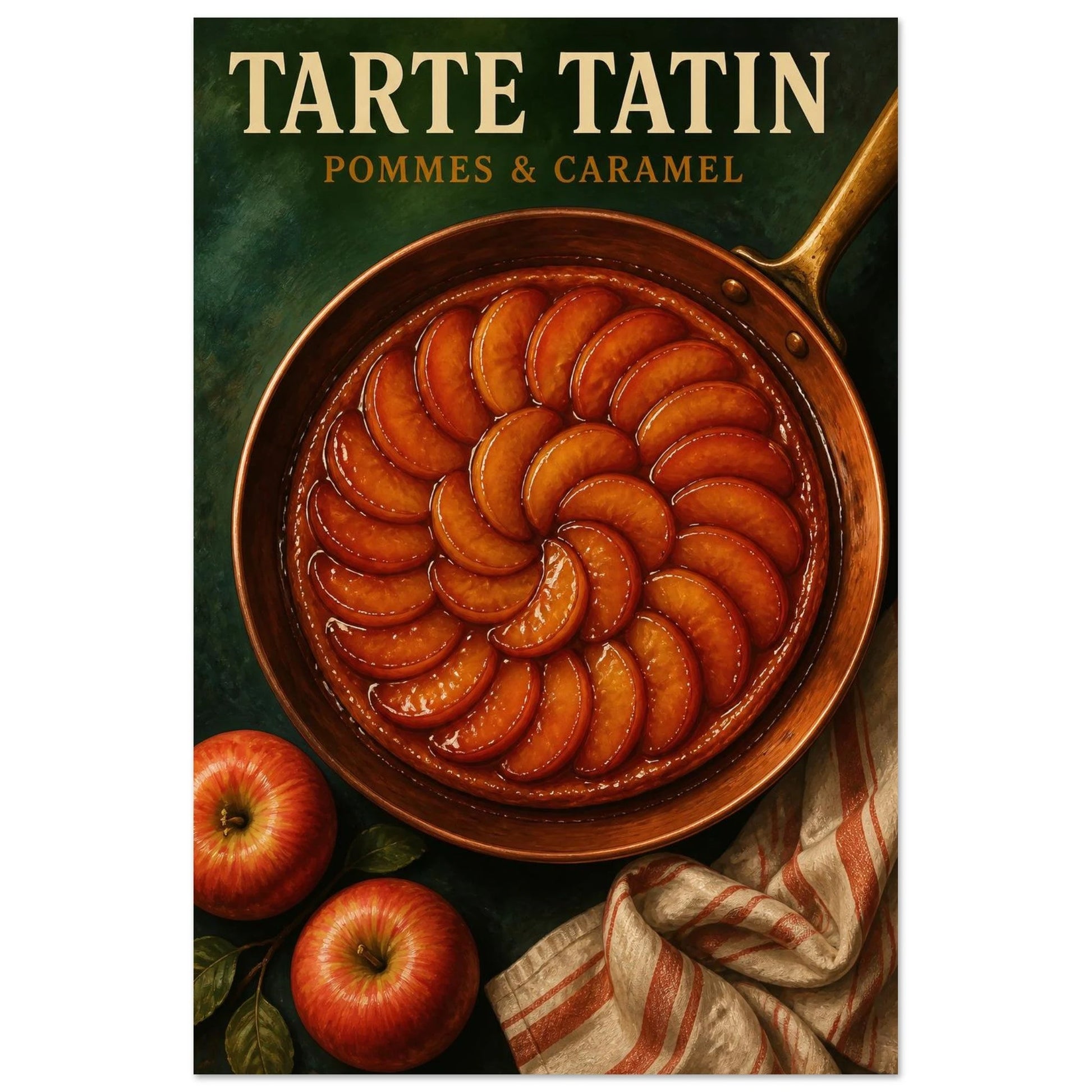 Affiche Tarte Tatin – Pommes & Caramel, gouache contemporaine verticale, format 30 × 45 cm