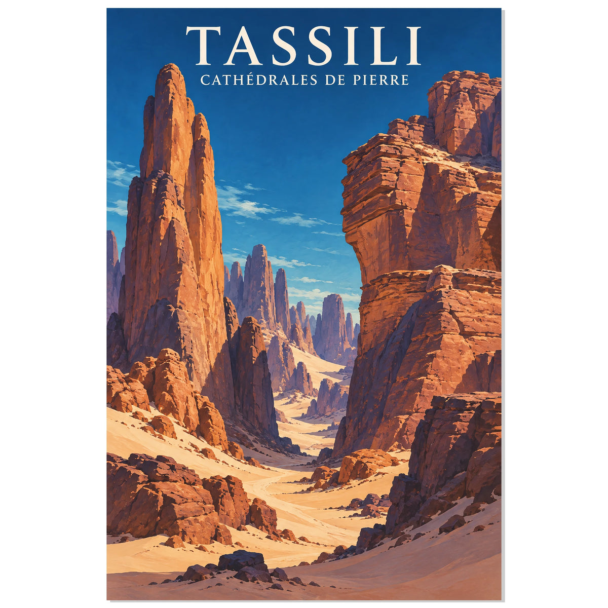 Affiche Tassili – Cathédrales de pierre, illustration de voyage / gouache figurative / inspiration vintage verticale, format 30 × 45 cm