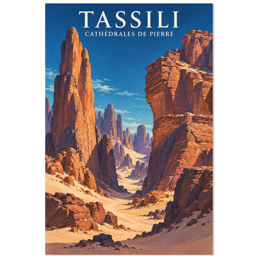 Affiche Tassili – Cathédrales de pierre, illustration de voyage / gouache figurative / inspiration vintage verticale, format 30 × 45 cm