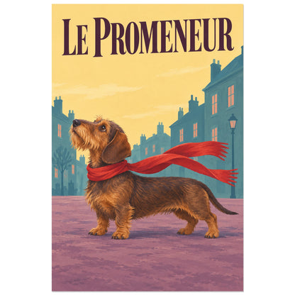 Affiche Teckel – Le promeneur, affiche vintage / gouache figurative verticale, format 30 × 45 cm