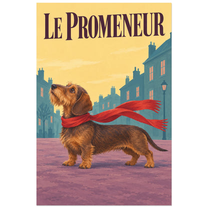 Affiche Teckel – Le promeneur, affiche vintage / gouache figurative verticale, format 40 × 60 cm