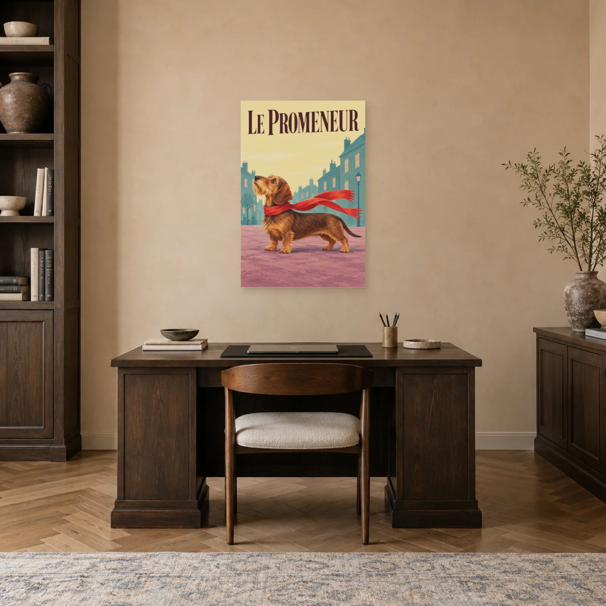 Affiche Teckel - Le promeneur dans un bureau - Art Virtuoso