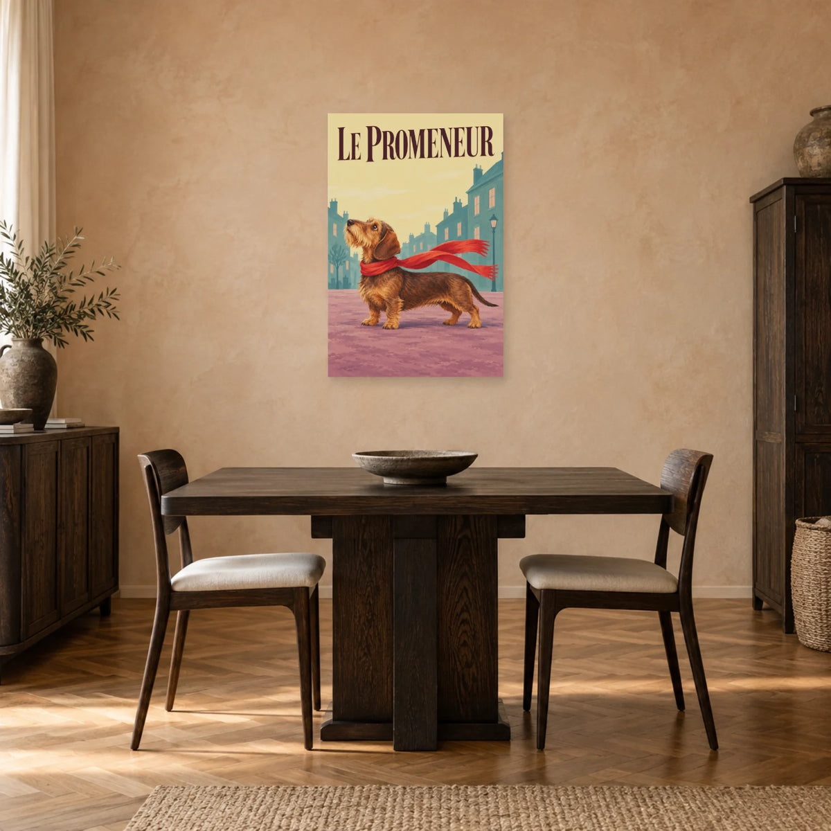 Affiche Teckel - Le promeneur dans une salle à manger - Art Virtuoso