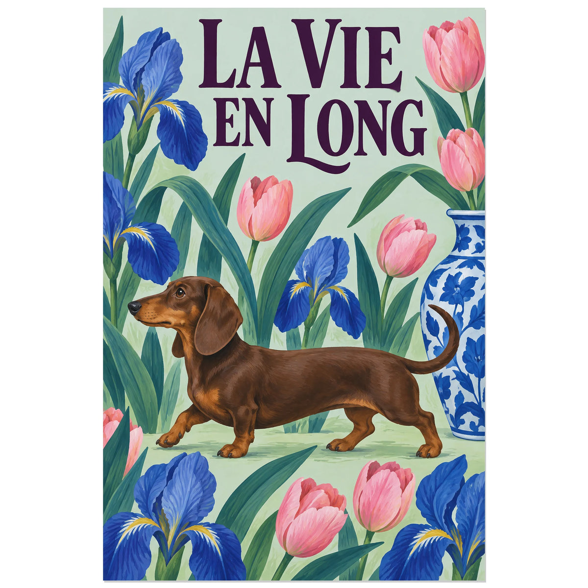Affiche Teckel – Jardin en long, gouache florale / illustration décorative verticale, format 60 × 90 cm