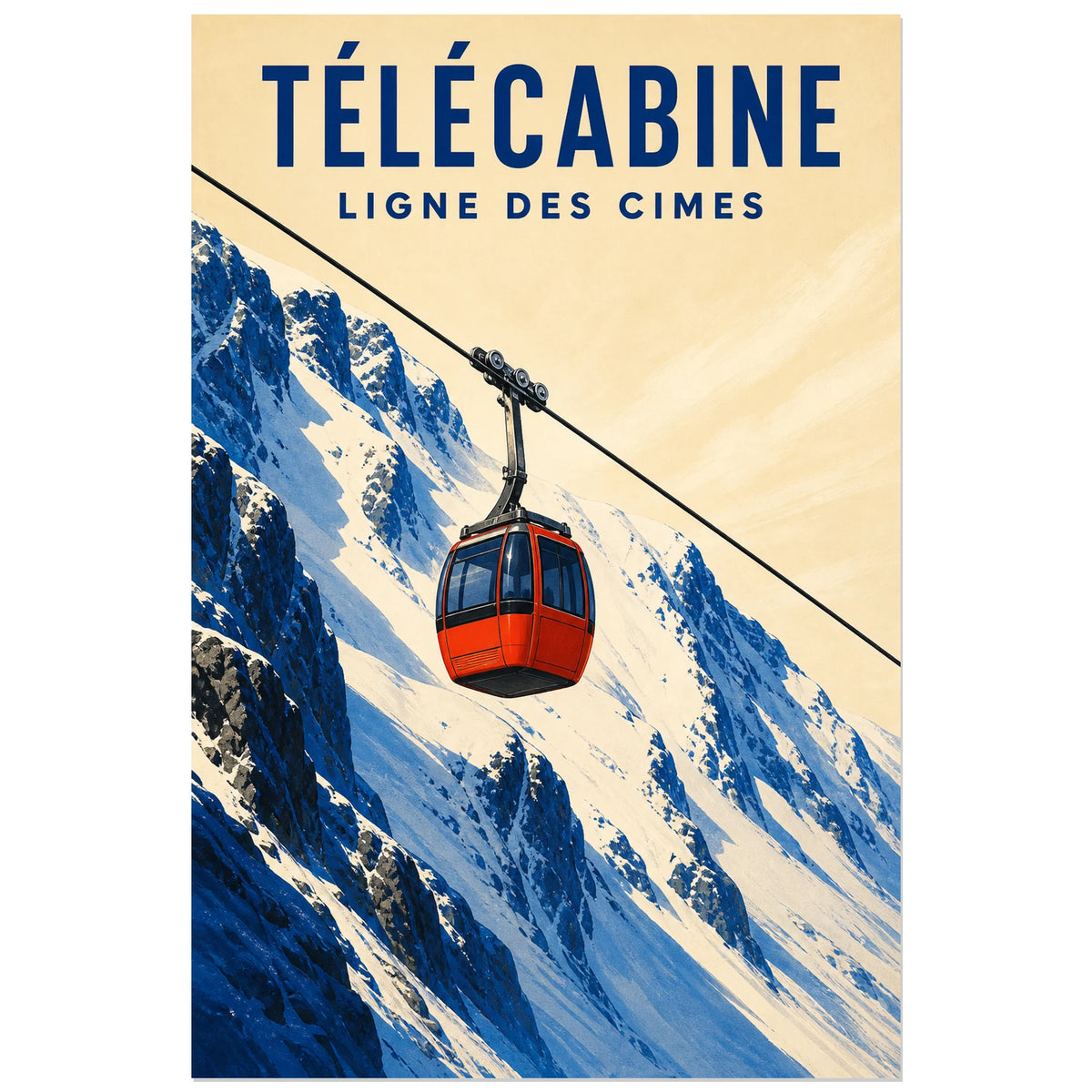 Affiche Télécabine – Ligne des cimes, affiche alpine rétro contemporaine en aplats graphiques verticale, format 40 × 60 cm