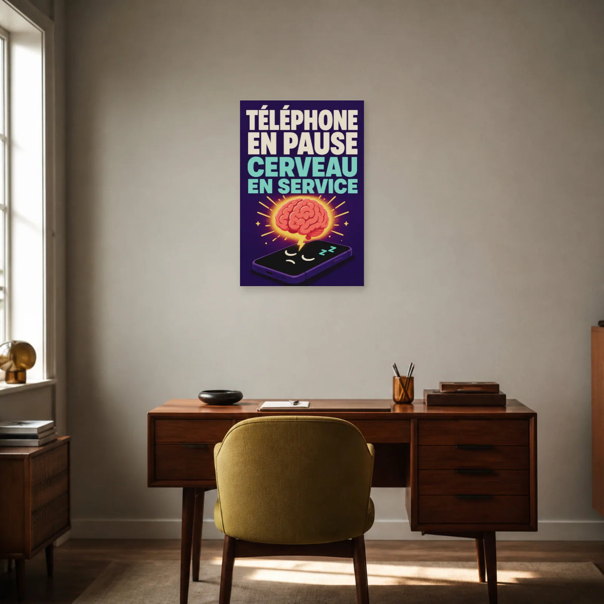 Affiche Téléphone en pause – Cerveau en service dans un bureau - Art Virtuoso