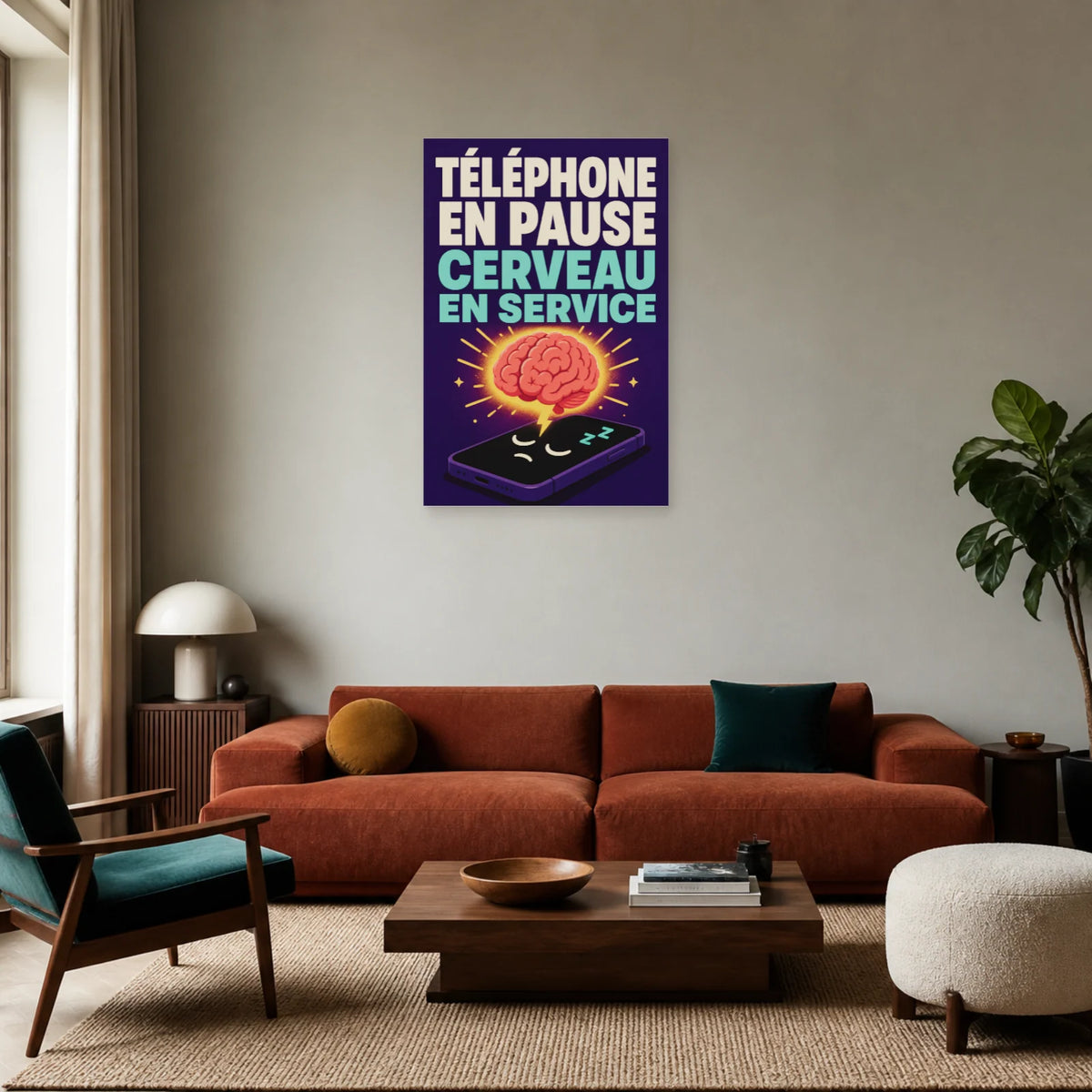 Affiche Téléphone en pause – Cerveau en service dans un salon - Art Virtuoso