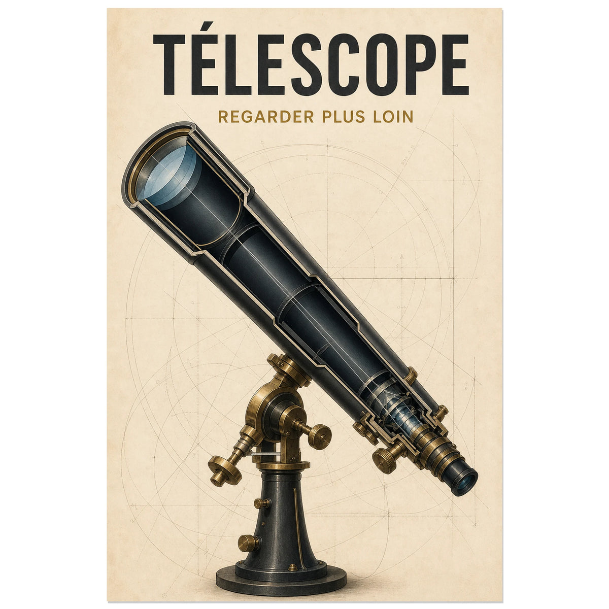 Affiche Télescope – Regarder plus loin, illustration technique scientifique détaillée verticale, format 60 × 90 cm