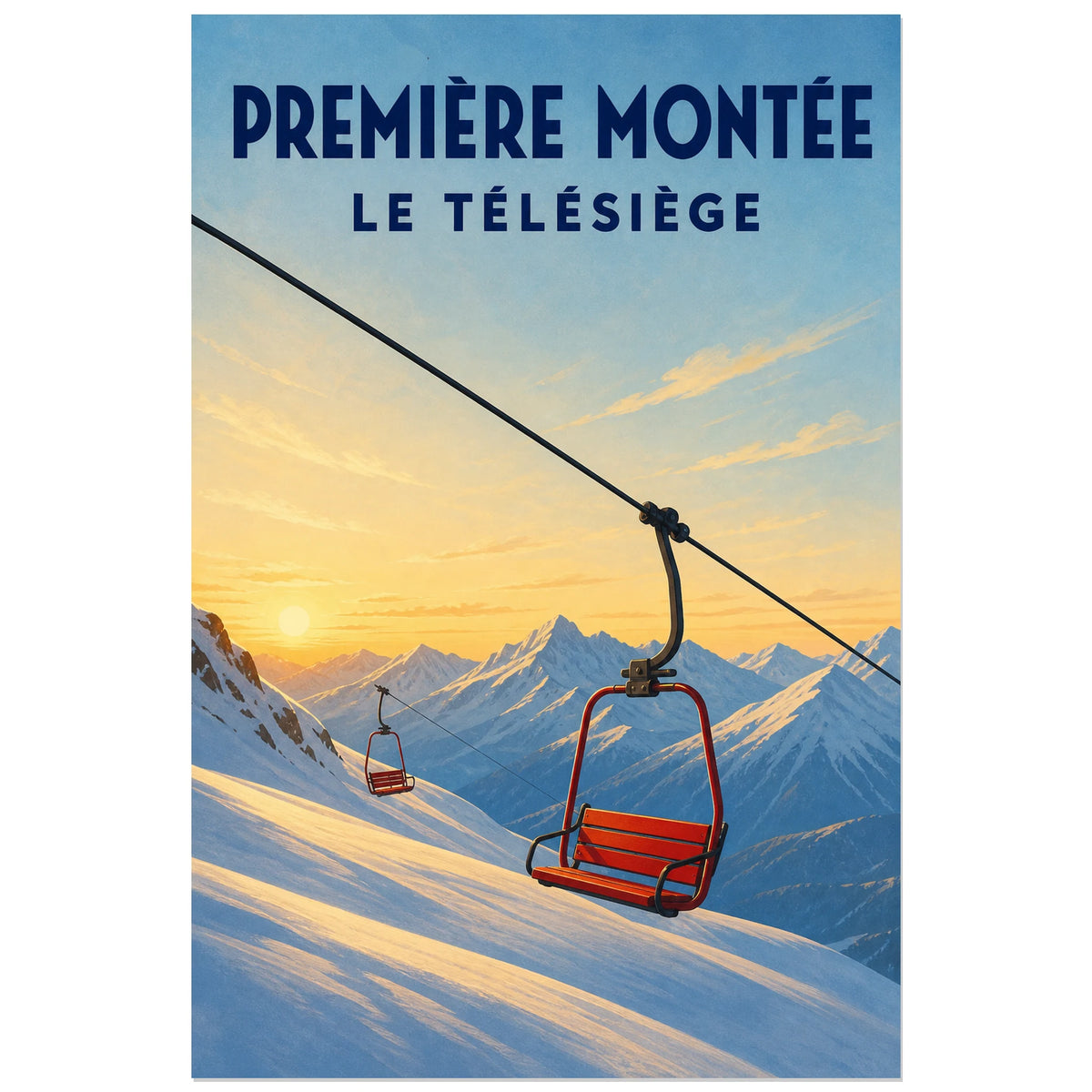 Affiche Première montée – Le télésiège, illustration alpine rétro contemporaine à lumière matinale verticale, format 40 × 60 cm